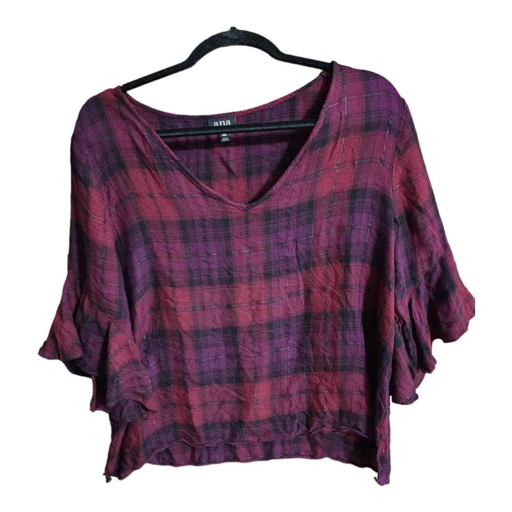 A.n.a Red Glitter‎ Plaid Shirt with Bell Sleeves Size XXL 2X